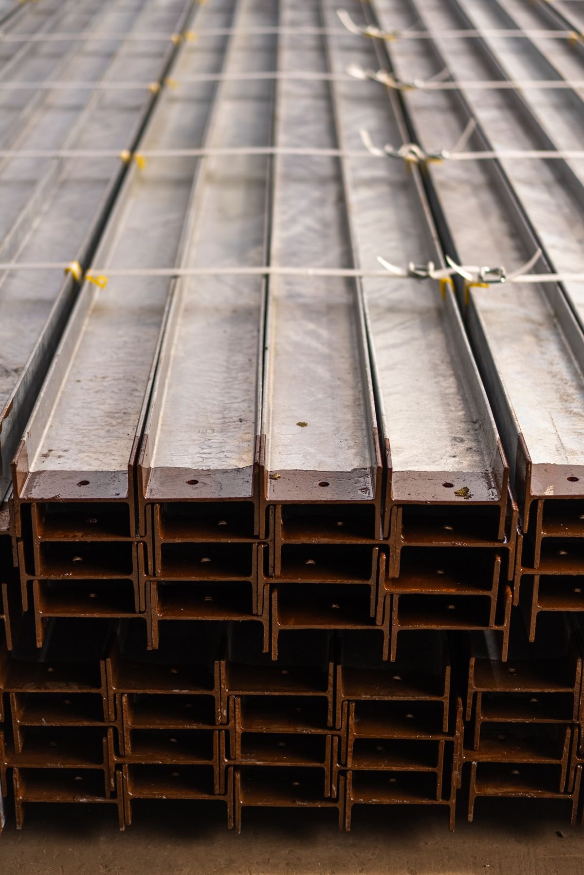 Tidy stacks of steel beams